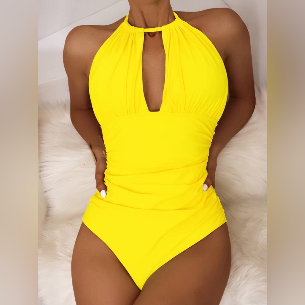 Yellow one piece halter bathers swimsuit - Picture 4 of 10